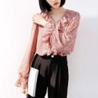 Long-sleeve Ruffled Floral Chiffon Blouse As Shown In Figure - One Size