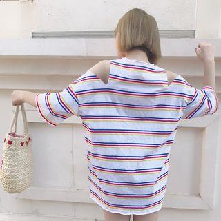 Stripe Open Shoulder Elbow-sleeve T-shirt