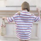 Stripe Open Shoulder Elbow-sleeve T-shirt
