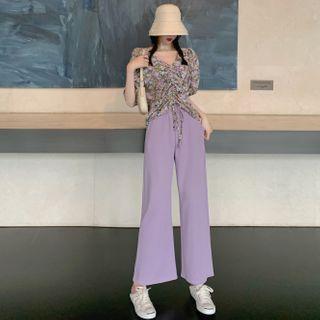 Flower Print Drawstring Short-sleeve Blouse / Cropped Wide-leg Pants