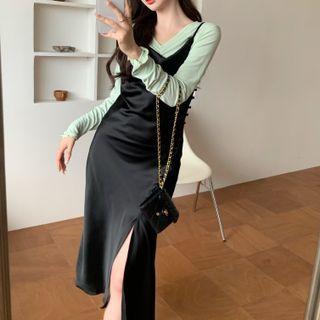 Long-sleeve Plain T-shirt / Sleeveless Side-slit Dress