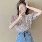 Short-sleeve Floral Print Lace-up Top