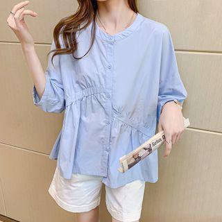 Elbow-sleeve Irregular Button-up Blouse