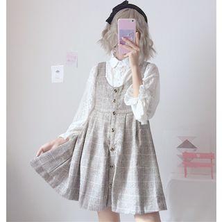 Lace Shirt / Plaid Mini Jumper Dress