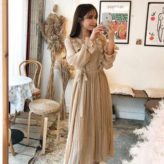 Frill-trim Pleated Dotted Dress Beige - One Size