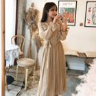 Frill-trim Pleated Dotted Dress Beige - One Size