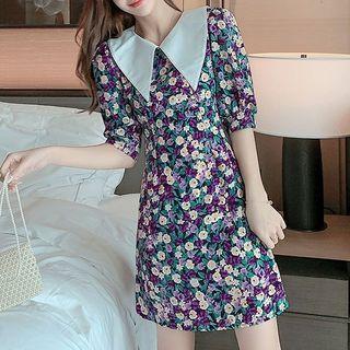Contrast Collar Floral Elbow-sleeve Mini A-line Dress