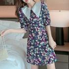 Contrast Collar Floral Elbow-sleeve Mini A-line Dress