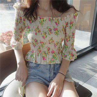 Off-shoulder Floral Print Smocked Blouse As Shown In Figure - One Size