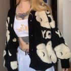 Cartoon Lettering Embroidered Cardigan Almond - One Size