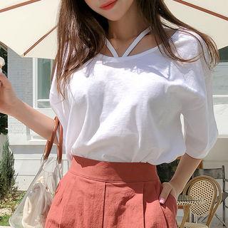 Strap-trim Elbow-sleeve T-shirt