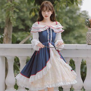 Long-sleeve Cold-shoulder Ruffled Midi A-line Dress