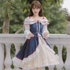 Long-sleeve Cold-shoulder Ruffled Midi A-line Dress