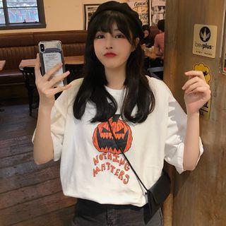 Pumpkin Print Elbow-sleeve T-shirt