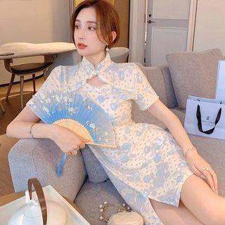 Short-sleeve Floral Faux Pearl Qipao