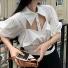 Puff-sleeve Collared Cut-out Cropped Blouse