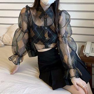Long-sleeve Argyle Sheer Blouse / Camisole Top / Mini Skirt