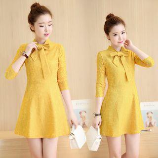 Ribbon Lace Panel Long-sleeve Dress