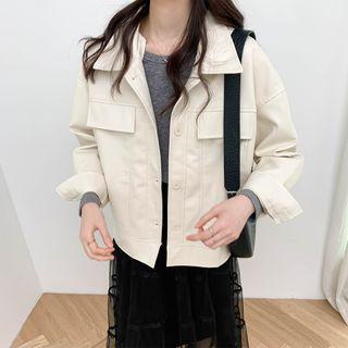 Faux Leather Plain Button-up Oversize Jacket