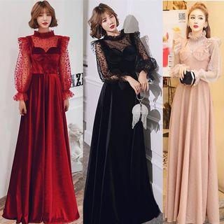 Mesh Sleeve Open-back A-line Velvet Evening Gown