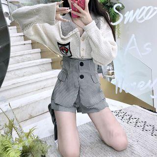 Plaid Shorts / Embroider Color-block Cardigan