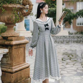 Puff-sleeve Plaid Bow Midi A-line Dress