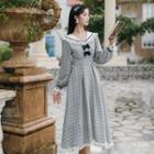 Puff-sleeve Plaid Bow Midi A-line Dress