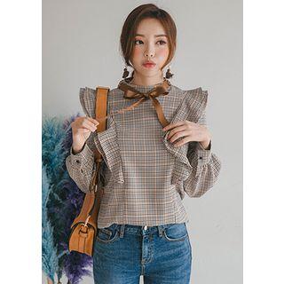 Ruffled Shoulder Plaid Blouse With Tie