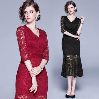 V-neck Elbow-sleeve Midi Lace Sheath Dress