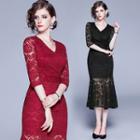 V-neck Elbow-sleeve Midi Lace Sheath Dress