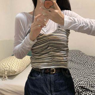 Long-sleeve Shirred T-shirt / Halter-neck Striped Shirred Camisole Top