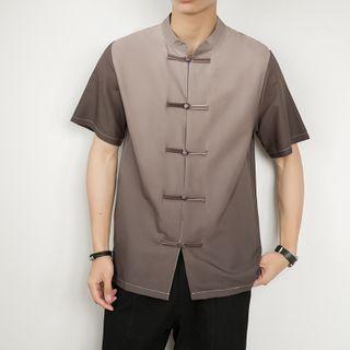 Short-sleeve Stand-collar Gradient Frog-buttoned Shirt