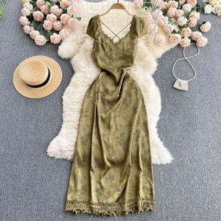 Open-back Lace-up Strap Print Lace Dress