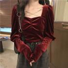 Long-sleeve Chain Detail T-shirt Wine Red - One Size