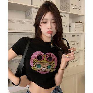 Short-sleeve Cartoon Sequin Cropped T-shirt