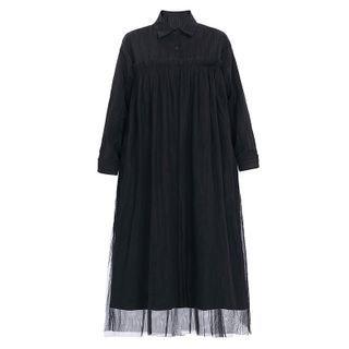 Long-sleeve Sheer Midi Dress Black - One Size