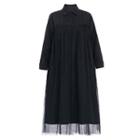 Long-sleeve Sheer Midi Dress Black - One Size
