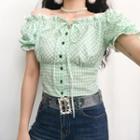 Gingham Puff-sleeve Cropped Top