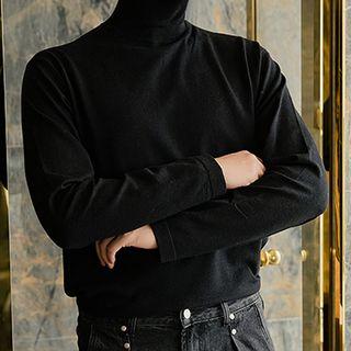 Long-sleeve Turtle-neck Plain Knit Top