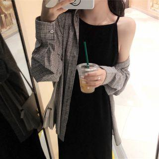 Plaid Shirt / Halter-neck Midi A-line Dress
