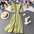 V-neck Short-sleeve Dress With Button
