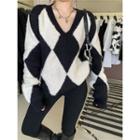 Plaid Sweater Argyle - Black & White - One Size