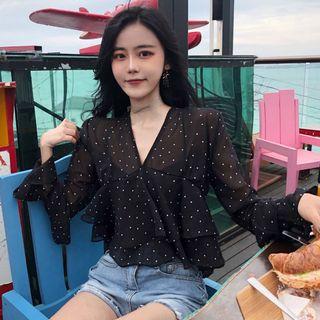 Polka Dot V-neck Ruffle Chiffon Blouse