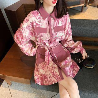 Lantern-sleeve Printed Mini Shirtdress