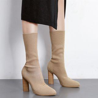 Pointy Toe Block Heel Knit Panel Boots