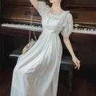 Lace Trim Puff-sleeve Square-neck Midi A-line Dress