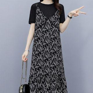 Set: Spaghetti-strap Print A-line Dress + Short-sleeve Plain T-shirt
