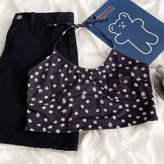 Floral Print Halter Cropped Camisole Top Black - One Size