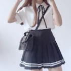 Short-sleeve Tie-neck Blouse / Contrast Trim Mini A-line Pleated Skirt / Set