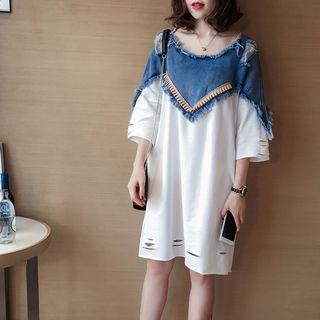 Distressed Denim Panel T-shirt Dress